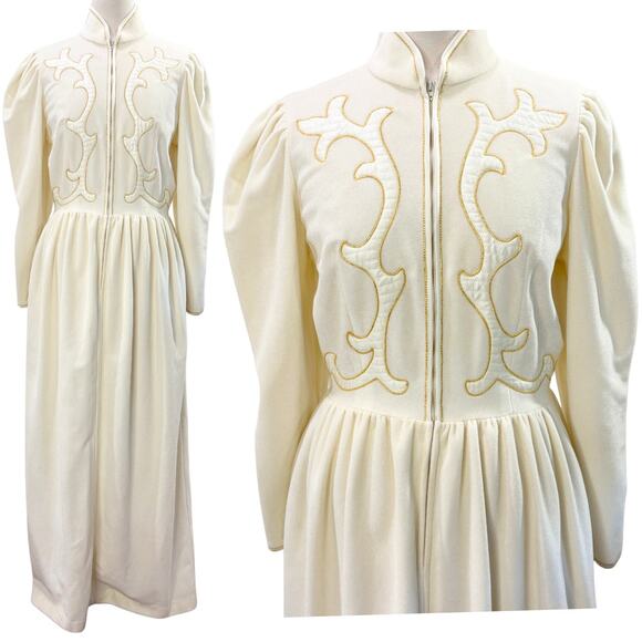 Oscar de la Renta Size 8 Robe Hollywood Regency Velour Fleece Embroidered Cream - Picture 1 of 13